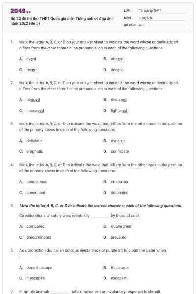 Bộ 25 đề thi thử THPT Quốc gia môn Tiếng anh có đáp án năm 2022 (Đề 5)