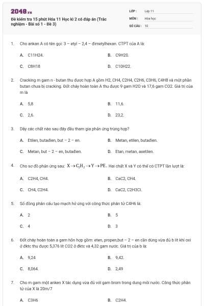 Đề kiểm tra 15 phút Hóa 11 Học kì 2 có đáp án (Trắc nghiệm - Bài số 1 - Đề 3)
