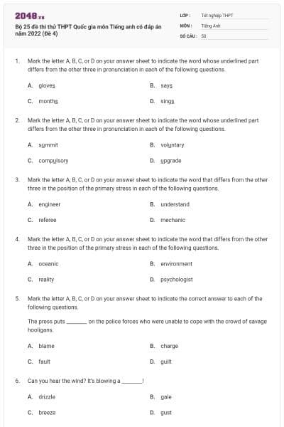 Bộ 25 đề thi thử THPT Quốc gia môn Tiếng anh có đáp án năm 2022 (Đề 4)