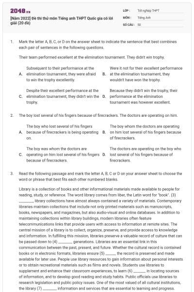 [Năm 2022] Đề thi thử môn Tiếng anh THPT Quốc gia có lời giải (20 đề)