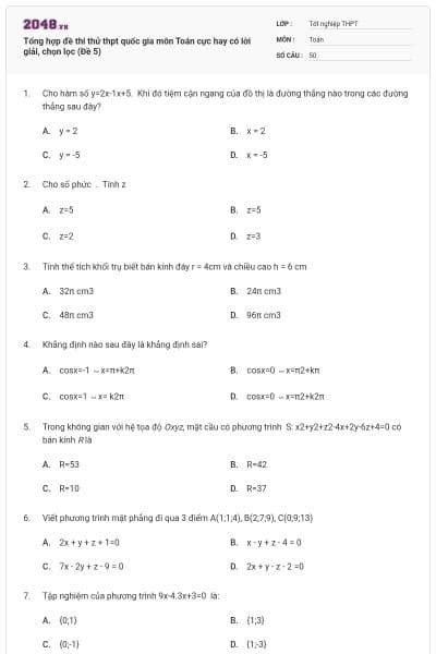 Tổng hợp đề thi thử thpt quốc gia môn Toán cực hay có lời giải, chọn lọc (Đề 5)