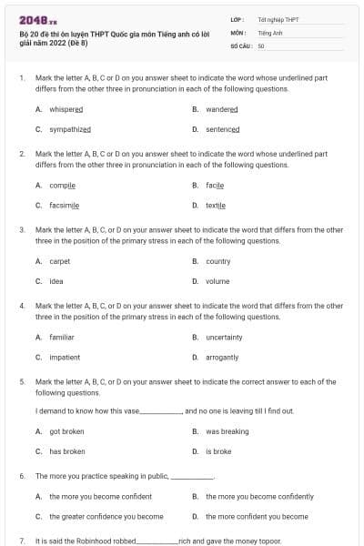 Bộ 20 đề thi ôn luyện THPT Quốc gia môn Tiếng anh có lời giải năm 2022 (Đề 8)