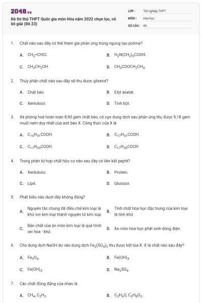 Đề thi thử THPT Quốc gia môn Hóa năm 2022 chọn lọc, có lời giải (Đề 23)