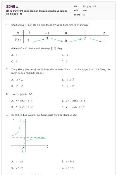 Đề thi thử THPT Quốc gia môn Toán có chọn lọc và lời giải chi tiết (Đề 14)
