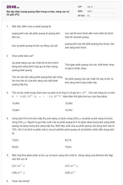Bài tập Hiện tượng quang điện trong cơ bản, nâng cao có lời giải (P2)