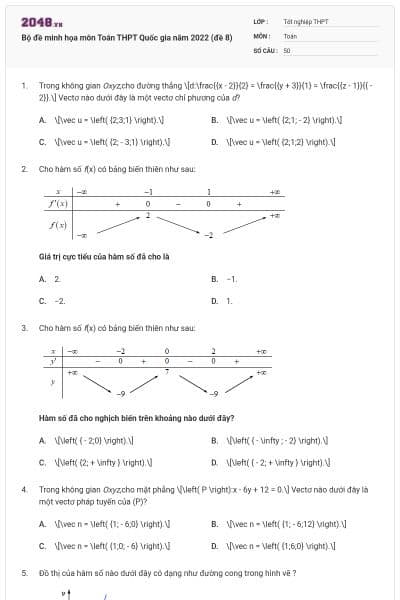 Bộ đề minh họa môn Toán THPT Quốc gia năm 2022 (đề 8)