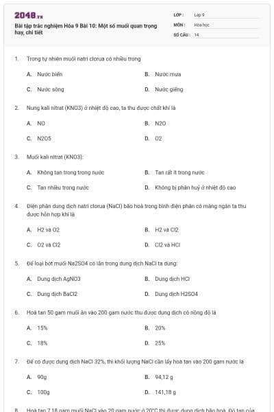 Bài tập trắc nghiệm Hóa 9 Bài 10: Một số muối quan trọng hay, chi tiết