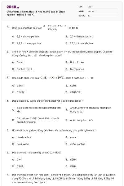 Đề kiểm tra 15 phút Hóa 11 Học kì 2 có đáp án (Trắc nghiệm - Bài số 1 - Đề 4)