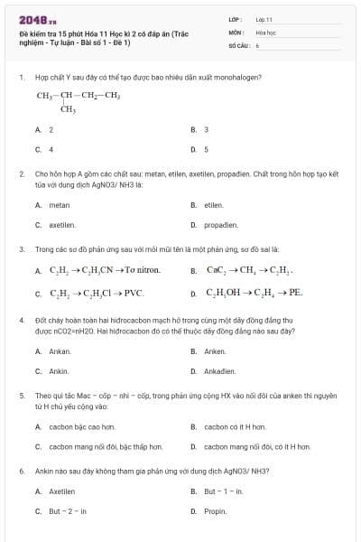 Đề kiểm tra 15 phút Hóa 11 Học kì 2 có đáp án (Trắc nghiệm - Tự luận - Bài số 1 - Đề 1)