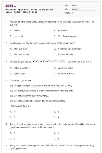 Đề kiểm tra 15 phút Hóa 11 Học kì 2 có đáp án (Trắc nghiệm - Tự luận - Bài số 1 - Đề 2)