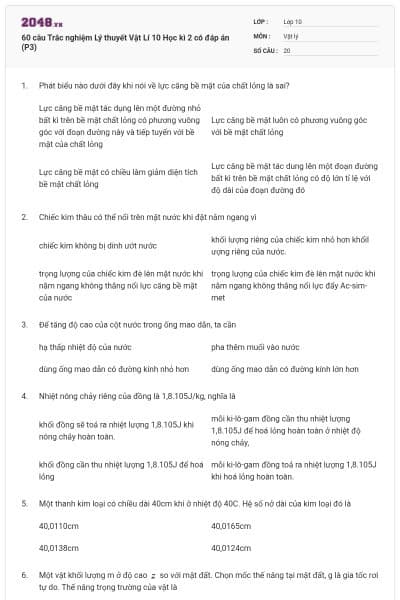 60 câu Trắc nghiệm Lý thuyết Vật Lí 10 Học kì 2 có đáp án (P3)