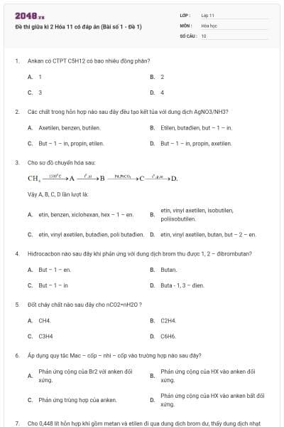 Đề thi giữa kì 2 Hóa 11 có đáp án (Bài số 1 - Đề 1)
