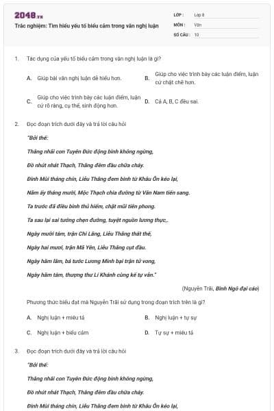 Trắc nghiệm: Tìm hiểu yếu tố biểu cảm trong văn nghị luận