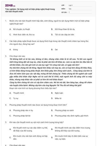 Trắc nghiệm: Sử dụng một số biện pháp nghệ thuật trong văn bản thuyết minh