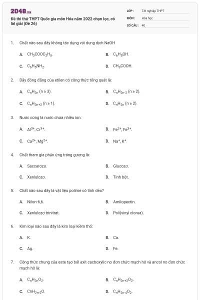 Đề thi thử THPT Quốc gia môn Hóa năm 2022 chọn lọc, có lời giải (Đề 26)