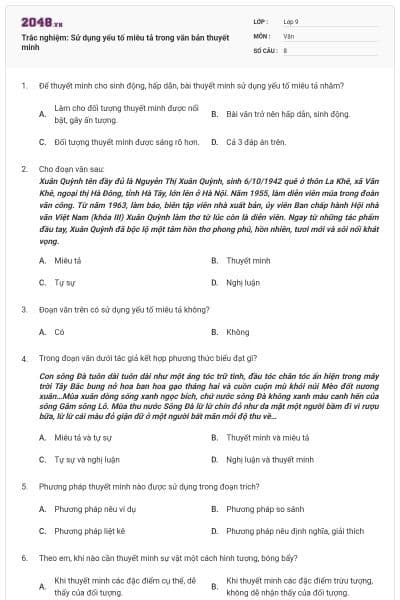 Trắc nghiệm: Sử dụng yếu tố miêu tả trong văn bản thuyết minh