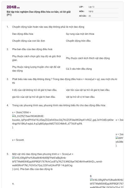 Bài tập trắc nghiệm Dao động điều hòa cơ bản, có lời giải (P1)