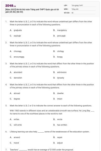 [Năm 2022] Đề thi thử môn Tiếng anh THPT Quốc gia có lời giải (25 đề) (Đề 03)