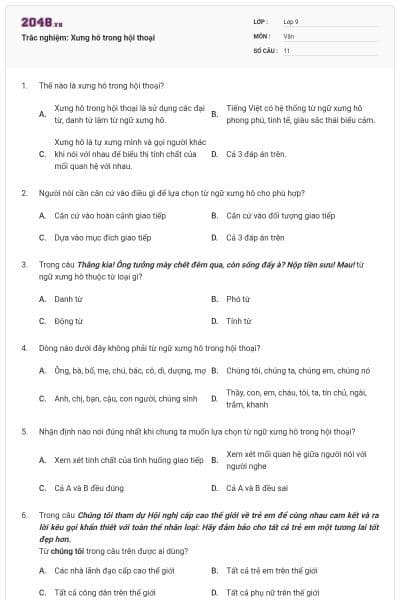 Trắc nghiệm: Xưng hô trong hội thoại