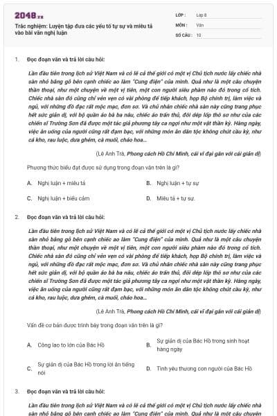 Trắc nghiệm: Luyện tập đưa các yếu tố tự sự và miêu tả vào bài văn nghị luận