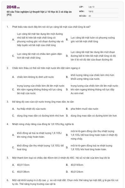 60 câu Trắc nghiệm Lý thuyết Vật Lí 10 Học kì 2 có đáp án (P3)