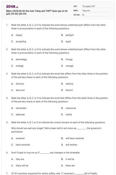 [Năm 2022] Đề thi thử môn Tiếng anh THPT Quốc gia có lời giải (25 đề) (Đề 04)