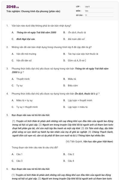 Trắc nghiệm: Chương trình địa phương (phần văn)