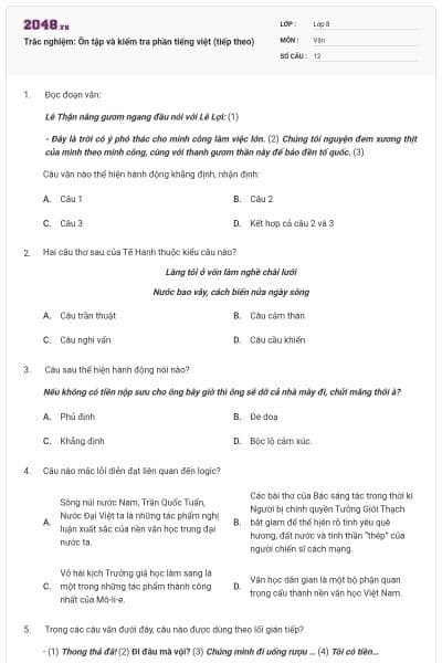 Trắc nghiệm: Ôn tập và kiểm tra phần tiếng việt (tiếp theo)