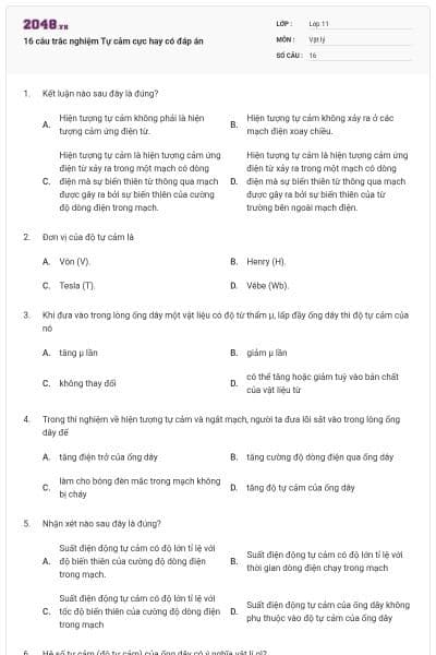 16 câu trắc nghiệm Tự cảm cực hay có đáp án