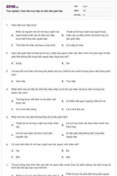 Trắc nghiệm: Cách dẫn trực tiếp và cách dẫn gián tiếp