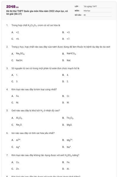 Đề thi thử THPT Quốc gia môn Hóa năm 2022 chọn lọc, có lời giải (Đề 27)