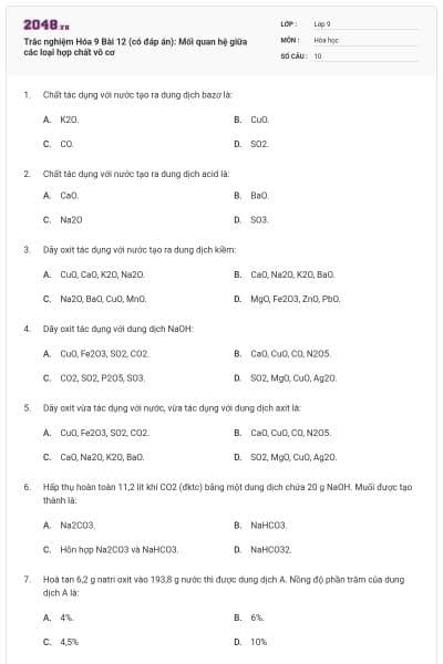 Trắc nghiệm Hóa 9 Bài 12 (có đáp án): Mối quan hệ giữa các loại hợp chất vô cơ