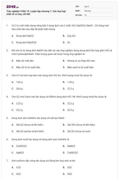 Trắc nghiệm 9 Bài 13: Luyện tập chương 1: Các loại hợp chất vô cơ hay, chi tiết