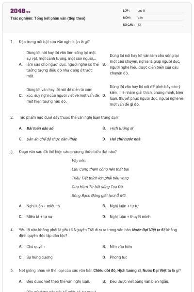 Trắc nghiệm: Tổng kết phần văn (tiếp theo)