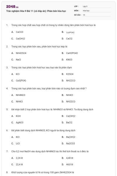 Trắc nghiệm Hóa 9 Bài 11 (có đáp án): Phân bón hóa học