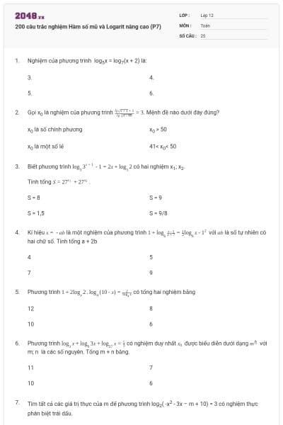 200 câu trắc nghiệm Hàm số mũ và Logarit nâng cao (P7)