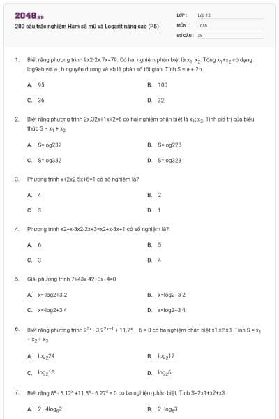 200 câu trắc nghiệm Hàm số mũ và Logarit nâng cao (P5)