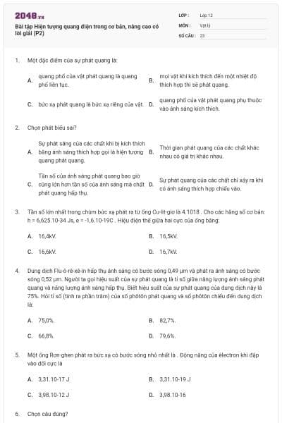 Bài tập Hiện tượng quang điện trong cơ bản, nâng cao có lời giải (P2)