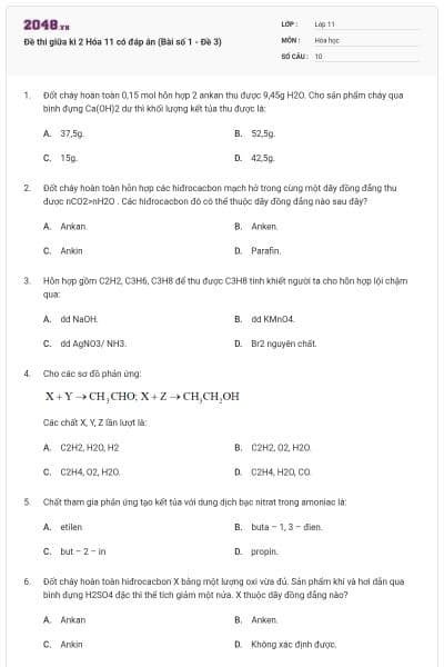 Đề thi giữa kì 2 Hóa 11 có đáp án (Bài số 1 - Đề 3)