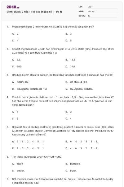 Đề thi giữa kì 2 Hóa 11 có đáp án (Bài số 1 - Đề 4)