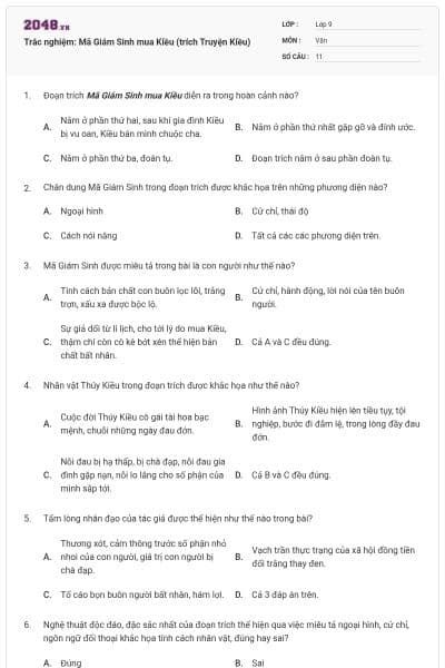 Trắc nghiệm: Mã Giám Sinh mua Kiều (trích Truyện Kiều)