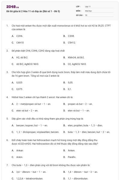 Đề thi giữa kì 2 Hóa 11 có đáp án (Bài số 1 - Đề 5)