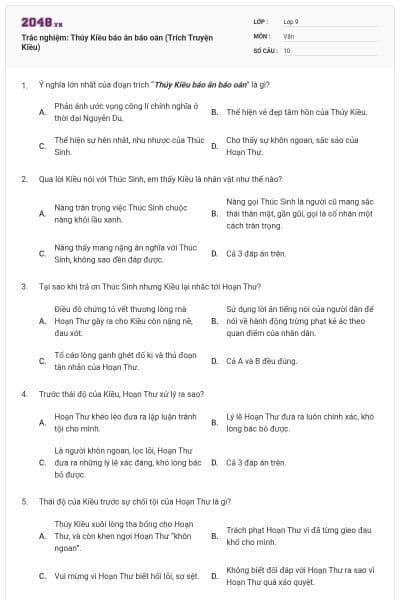 Trắc nghiệm: Thúy Kiều báo ân báo oán (Trích Truyện Kiều)