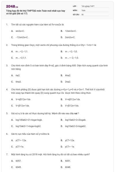 Tổng hợp đề thi thử THPTQG môn Toán mới nhất cực hay có lời giải (Đề số 17)