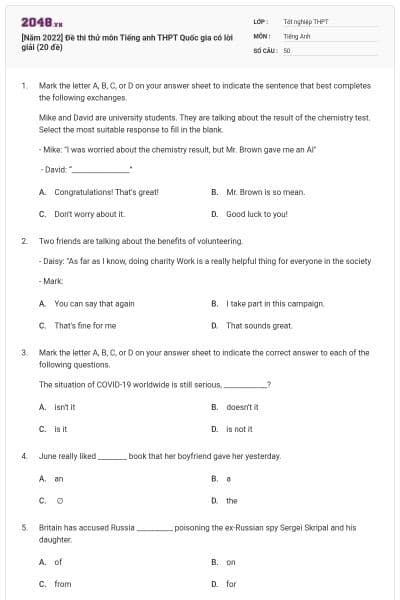 [Năm 2022] Đề thi thử môn Tiếng anh THPT Quốc gia có lời giải (20 đề)