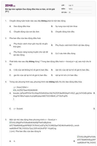 Bài tập trắc nghiệm Dao động điều hòa cơ bản, có lời giải (P1)