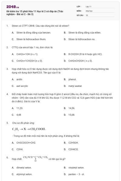 Đề kiểm tra 15 phút Hóa 11 Học kì 2 có đáp án (Trắc nghiệm - Bài số 2 - Đề 3)