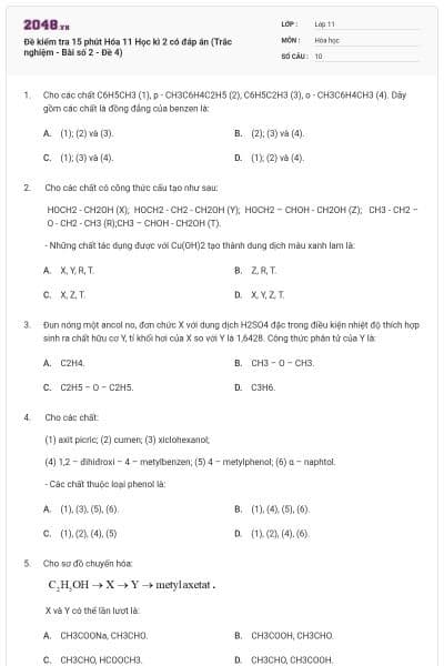 Đề kiểm tra 15 phút Hóa 11 Học kì 2 có đáp án (Trắc nghiệm - Bài số 2 - Đề 4)