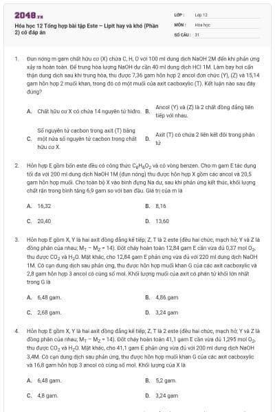 Hóa học 12 Tổng hợp bài tập Este – Lipit hay và khó (Phần 2) có đáp án