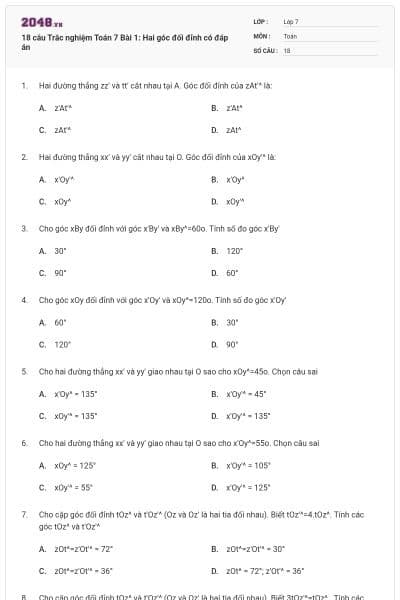 18 câu Trắc nghiệm Toán 7 Bài 1: Hai góc đối đỉnh có đáp án